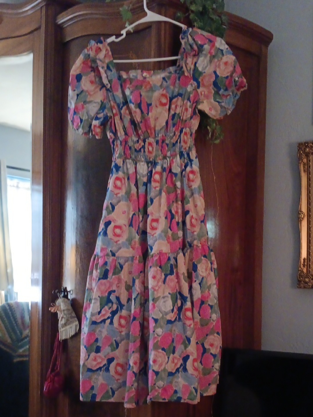 Floral Puff Sleeve Midi Dress in Pink & Blue
